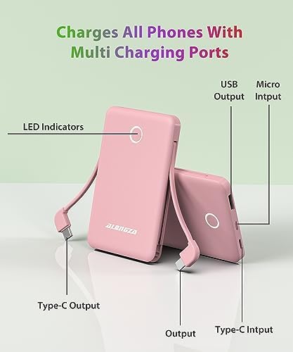 Compact 6000 m Ah Portable Power Bank with Built-in Cable – Lightweight Fast Charging External Battery for i Phone and Android – Ultimate Travel Companion for On-the-Go Charging Efficiency