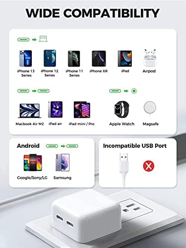 MFi Certified 35 W Dual USB-C Power Adapter for i Phone 13/14 – Compact Foldable Fast Charger with 2 x 6.6 FT USB-C to Lightning Cables for Rapid Charging and Enhanced Compatibility – Ideal Travel Solution for Apple Devices