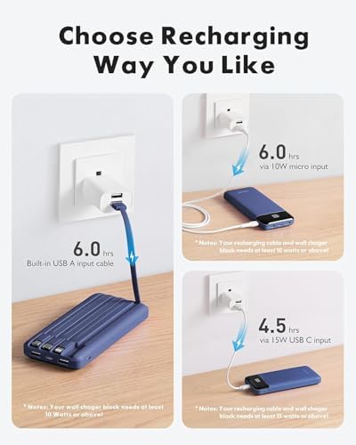 Sleek 10,000 m Ah Multi-Device Portable Charger with Built-In Cables – High-Speed 3 A Power Bank for i Phone, Samsung, Pixel, LG, Moto, i Pad – Ultimate Travel Essential with 6 Outputs for Effortless Charging on the Go
