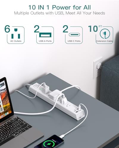 Ultimate Power Strip Surge Protector with Dual USB-C Ports – 6 Outlet Multi-Plug Extension Cord for Efficient Charging in Home, Office, or Dorm – Flat Plug Design with 5 ft Cord and 900 J Surge Defense for Enhanced Device Safety