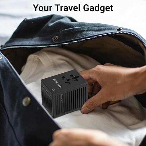 EZQuest 35 W Ga N 5-Port Universal Travel Charger – Compact International Adapter with 4 Plug Types (US/UK/EU/AU) for Global Use – 4 USB-C & 1 USB-A Ports with PD Fast Charging – Lightweight Black Design for Effortless Portability and Device Protection