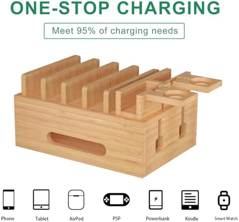 Eco-Friendly Bamboo Charging Station: 5-Port USB Docking Hub with 6 Cables for Multi-Device Organization – Stylish Wood Charger for Cell Phones, Tablets, Earphones, and Smartwatches – Streamlined Power Solution for Home and Office
