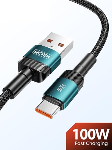 Ultra-Fast 100 W USB A to C Braided Charging Cable – 3.3 ft Durable USB to USB C Connector for i Phone 15, Android Devices, and i Pads – High-Speed Data Transfer with Stylish Blue Metal Ends for Enhanced Compatibility