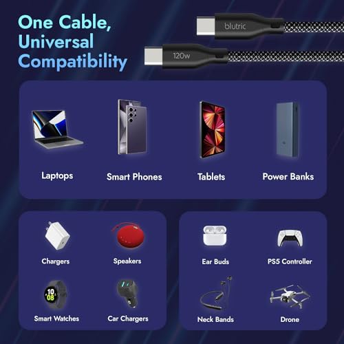 Transform Your Power Management with Blutric’s 120 W USB-C to USB-C Cable Duo – Robust 2 m Braided Cables for Ultra-Fast Charging & Seamless Data Transfer, Compatible with i Phone 15, Samsung S23, i Pad, Mac Book, & PS5 – Perfect for Professionals & Gamers, Engineered for 10,000+ Bend Durability
