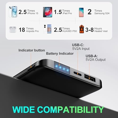 Ultra-Compact Heated Vest Battery Pack – 10,000 m Ah Lightweight USB Power Bank for Instant Warmth in Heated Clothing, Compatible with i Phone and Samsung Devices – Fast Charging, Portable, and Durable Solution for Cold Weather Adventures