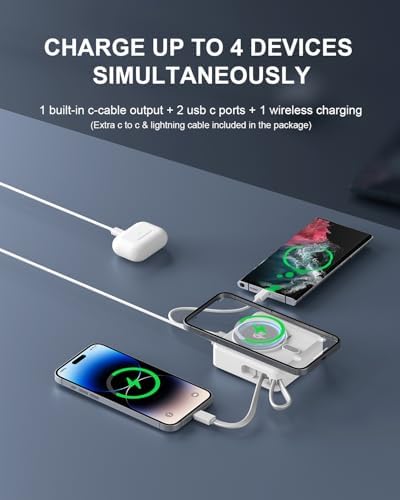 Magnetic 4-in-1 Universal Power Bank – 10,000 m Ah Qi2 Certified Travel Charger with Integrated Cables and 30 W Fast Charging – Versatile Compatibility for i Phone, Samsung, i Pad & More – Sleek LED Display, Built-in USB-C and Lightning Cable, Global Plug Adaptors – Effortless Wireless Charging Anywhere with Enhanced Portability and Efficiency