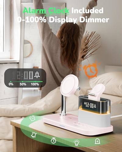 Ultimate 5-in-1 Wireless Charging Station with Alarm Clock and Night Light – Sleek Mag-Safe Dock for i Phone 16/15/14/13/12, Apple Watch & Air Pods – Fast Charging & Space-Saving Design for Nightstand Organization