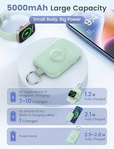 Compact RORRY 5000 m Ah Portable Charger Power Bank with Integrated Cables – Sleek Keychain Battery Pack for i Phone 16/15/14/13/12 and Apple Watch Ultra Series, Ultimate Travel Companion with Fast Charging and Modern Design