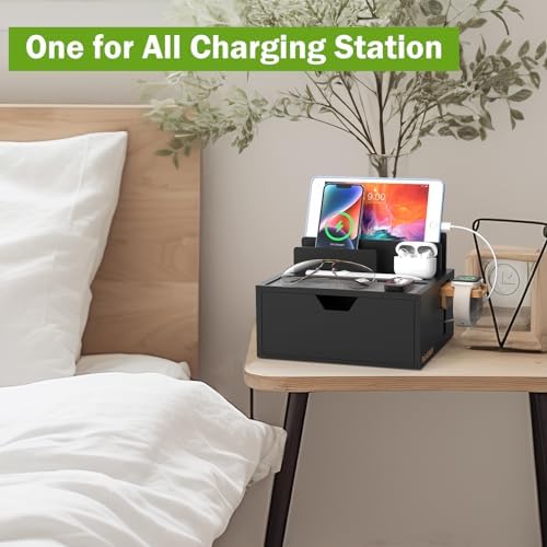 Bamboo Multi-Device Charging Station with 5-Port USB Hub & Drawer – Fast Charging Dock Organizer for Smartphones & Tablets – Eco-Friendly Power Solution with Enhanced Compatibility & Sleek Aesthetics