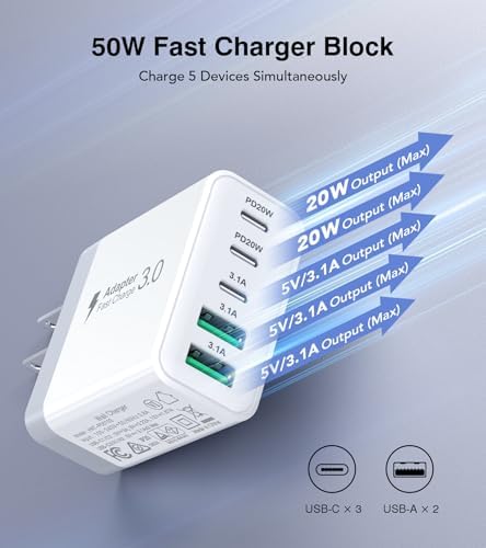 50 W 5-Port USB C Charging Hub – Ultimate Fast Charger for i Phone 16-11 Pro Max & Samsung Devices – Dual PD & QC Technology for Unmatched Performance – Compact, Durable Wall Adapter for Home, Office, and Travel Convenience