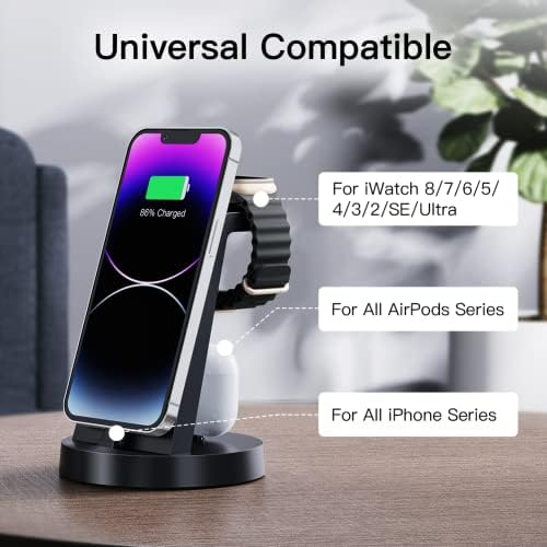 DUMTERR 3-in-1 Wireless Fast Charging Dock – Streamlined Charging Solution for i Phone 14 Pro Max/13/12/11/X/8 Plus, Air Pods & All Apple Watch Models (8/Ultra/7/6/SE/5/4/3/2) – Space-Saving Design with Enhanced Safety Features for a Modern Workspace and Effortless Multi-Device Power-ups