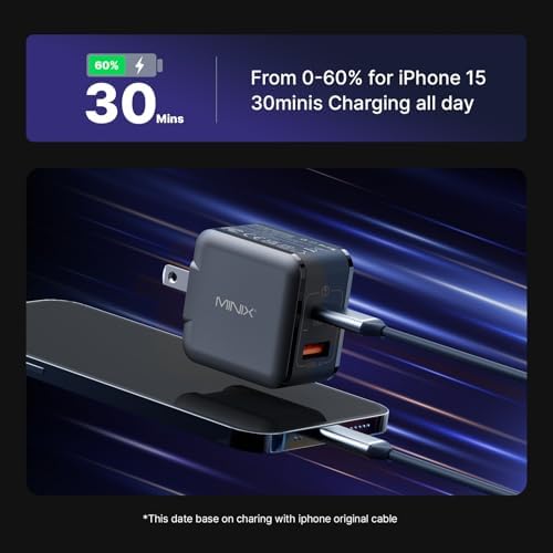 MINIX NEO P1 Mini 33 W Ga N Dual-Port Fast Charger – Ultra-Compact USB-C & Quick Charge 3.0 Adapter for i Phone 8-15, Galaxy S10-S21 & More – Essential Travel Charger with Advanced Heat Management for Efficient Multi-Device Charging