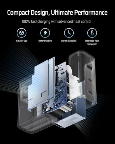 High-Power 100 W USB-C Wall Charger – CUKTECH 3-Port GAN Fast Charging Hub for Mac Book, i Phone, Galaxy & More – Efficient PD3.1 Cable Included for Rapid Multi-Device Power Delivery and Optimal Heat Management