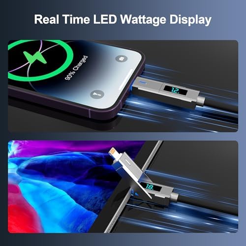 Universal 4-in-1 USB C Fast Charging Cable with LED Status Display – MFi Certified for i Phone 15/14/13, Galaxy, and Mac Book – 3 A Rapid Charger with 60 W Power Delivery – 6.6 ft Long for Enhanced Flexibility & Compatibility with Car Play and Android Auto – Ideal for On-the-Go Charging Needs