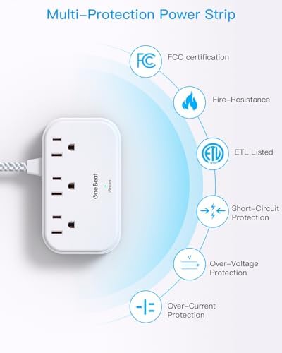 Optimize Your Travel Experience with One Beat Power Strip: 5 Ft Flat Extension Cord Featuring 3 AC Outlets & 4 USB Ports (2 USB-C) – Ideal for Cruise Ships, Dorm Rooms, and On-the-Go Charging – Compact, Non-Surge Protector Design for Enhanced Compatibility & Rapid Device Charging