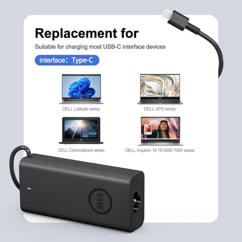 Ultra-Compact 65 W USB-C Laptop Charger for DELL Latitude & Inspiron – Fast Charging for Models 5420, 5520, 7420, 7430, XPS 13, and Chromebook 3100 – Enhanced Portability & Safety Features for On-the-Go Professionals