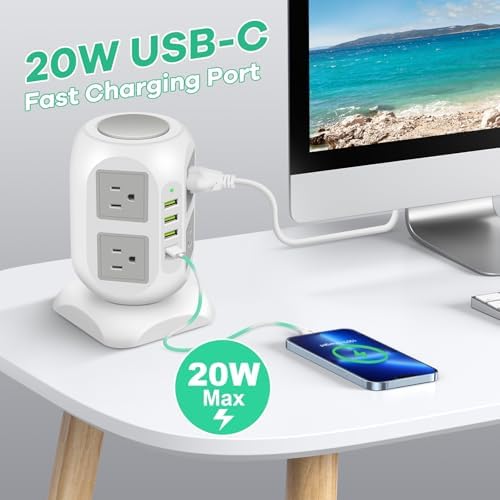 Ultimate 8-Outlet Power Strip Tower with 15 FT Extension Cord | Compact Surge Protector with 4 USB Ports & 20 W USB-C Fast Charging | Space-Saving Desk Organizer for Office & Home | Enhanced Compatibility for All Devices