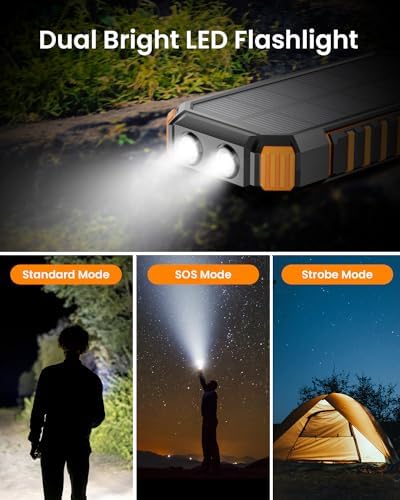 Hiluckey 27,000 m Ah Solar Power Bank with Triple Integrated Cables – Fast 15 W Multi-Device Charger with Five Outputs and Dual Flashlights for Ultimate Outdoor Versatility and Reliability