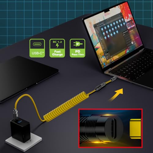 xiwai Stretch Coiled USB-C USB4 Cable with Smart LED Display 20Gbps 100W 8K for Laptop Disk Phone Type-C Male to Male Cable Power & Data 180cm – Enhanced Compatibility and Speed