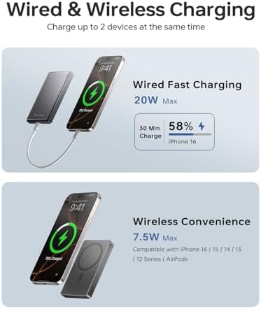 Ultra-Slim 10,000 m Ah Mag Safe Power Bank – High-Speed Wireless Charger with Advanced Heat Management, Robust Magnetic Adhesion, and Premium Metal Finish for i Phone 16/15/14/13/12 – Travel-Optimized, Safe Charging Solution with 20 W Wired & 15 W Wireless Capabilities