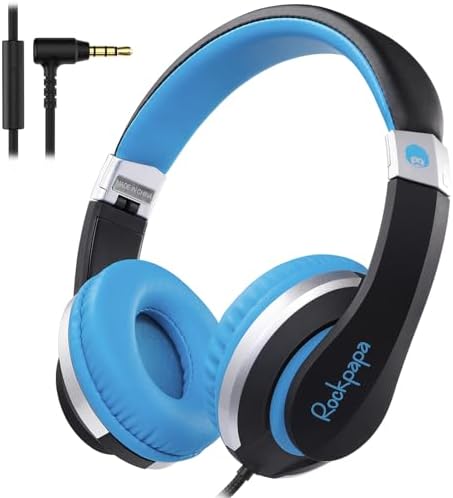 Rockpapa HS20 Kids Wired Headphones – Super Lightweight & Foldable Design with Integrated Microphone, Perfect for School, Travel & Entertainment – Compatible with Tablets & Smartphones, Stylish Black & Orange for Ages 3-15, Ideal for Learning, Play, and Hands-Free Communication
