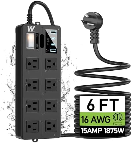 VNJ Outdoor Power Strip: 8 AC Outlets & 4 Fast USB Ports, IPX6 Waterproof Surge Protector with Safety Lock for Secure Connections, ETL-Certified 15 FT Extension Cord – Ideal for Home, Garden, and Commercial Applications