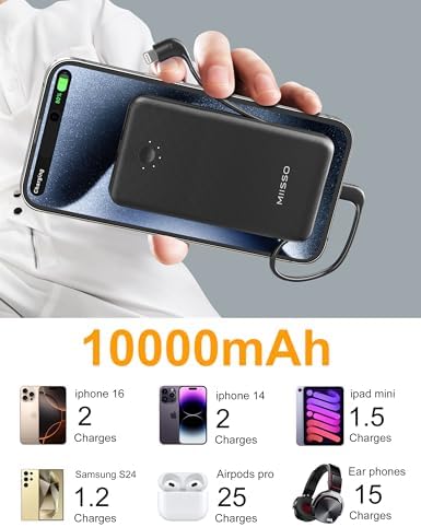 miisso Ultra Slim 10000 m Ah Portable Power Bank with Built-in Cables and Foldable Wall Plug – Compact USB-C Charger for i Phone, Samsung, i Pad & More – Perfect Travel Companion for On-the-Go Charging Efficiency