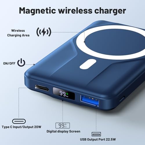 Azmuth Slim Magnetic Power Bank – 10,000 m Ah Wireless Charger with 22.5 W Fast Charging & Digital Display, Perfect for Mag Safe i Phone 16/15/14/13/12 Series – Lightweight, Portable Battery Pack for Seamless Charging on the Go