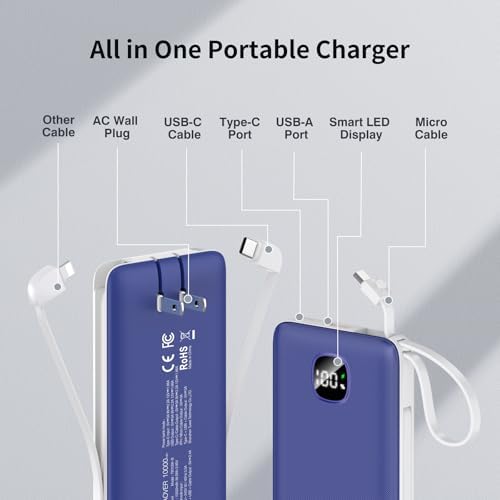 Ultra-Slim 10000 m Ah Fast Charging Power Bank with Built-In Cables & AC Plug – Versatile 5 Output USB-C Portable Charger for i Phones, Samsung, Android & More – Perfect for Travel & On-the-Go Power Solutions