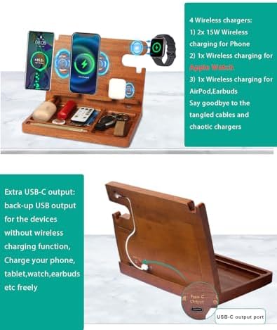 Sleek Wooden Nightstand Organizer with 4-in-1 Wireless Charging Station for i Phone & Android, Fast 27 W Charger for Apple Watch and Air Pods, Stylish Wallet & Key Holder – Perfect Gift for Men and Tech Lovers