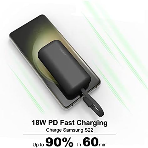 Ultra-Compact 10,000 m Ah Fast Charging Power Bank with Integrated USB-C Cable – Essential Portable Charger for i Phone 15, Samsung Galaxy S23, Note20, and More – LED Display for Easy Battery Monitoring and Enhanced Compatibility