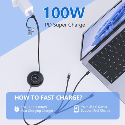 Ultra-Fast 100 W USB-C Multi Charging Cable – Retractable 4 FT Charger for i Phone 15, Samsung S24 & More – Versatile Compatibility with Type C, Micro USB, and IP Devices – Durable & Tangle-Free Design for Effortless Charging on the Go