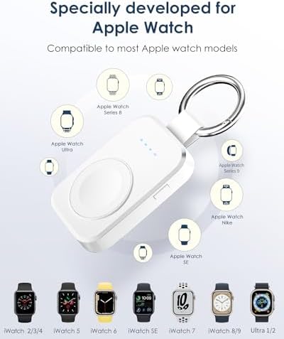 Compact Wireless Magnetic Power Bank for Apple Watch – 1000 m Ah Travel Charger with Keychain Attachment, Fast Charging for Series 10/9/8/7/6/SE/5/4/3/2/Ultra 2 – Perfect Accessory for Active Lifestyles and Professionals – Sleek Black Design for Effortless Portability