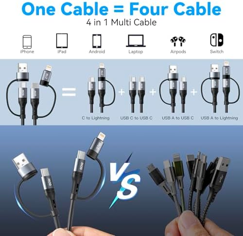 Versatile Coiled Lightning Cable Set [2-Pack, 4 FT] – 4-in-1 Premium MFi Certified Fast Charging Cable with 60 W Power Delivery, Retractable Design for i Phone 15/14/13/12/11 Pro Max, i Pad, Air Pods & Mac Book – Tangle-Free Convenience for Home & Travel