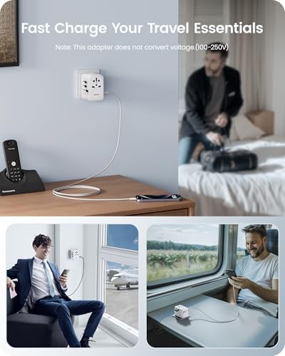 85 W Universal Travel Power Adapter with Retractable USB-C Cable – Optimal Fast Charging Hub for Global Use, Featuring 4 Ports for Seamless Connectivity in US, EU, UK & Beyond, Engineered for On-the-Go Professionals Seeking Efficiency and Versatility