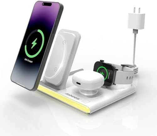 Transform Your Charging Routine with the Jabees Power Glow 4-in-1 Wireless Charging Station – Fast Qi Technology for i Phone 15/14/13, Samsung Galaxy, Apple Watch, and Air Pods Pro – Sleek Black Design with Dual-Color LED Night Light for Enhanced Ambiance and Efficiency – Perfect for Tech-Savvy Individuals Seeking Organization and Style