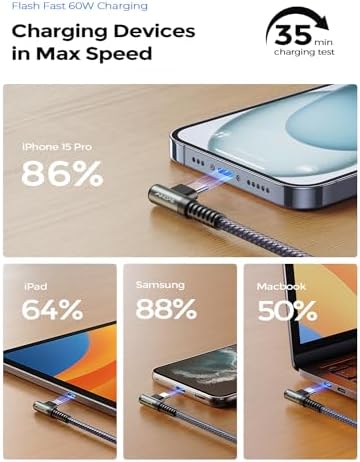 Revolutionize Your Charging with AINOPE 60 W USB C Cable 2-Pack – 10 ft Durable Nylon Braided Right Angle Type C Charger for i Phone 16 Pro Max, Samsung S24, and i Pad Pro – Fast Charging, Enhanced Compatibility, and Long-Lasting Performance