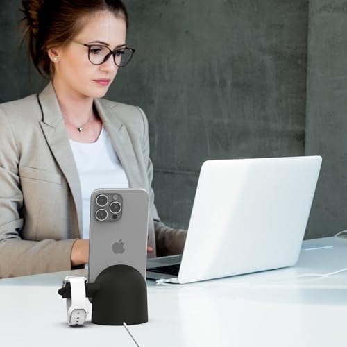 Dual Device Charging Dock for i Phone & Apple Watch – 15 W Fast Charging Station, Silicone Holder for i Phone 14/13/12/Pro/Mini/Pro Max & Apple Watch Series 9/8/7/6/5/4/3/2/SE/Ultra/Ultra2 (Sleek Black) – Ultimate Space-Saving Solution with Enhanced Stability and Quick Access