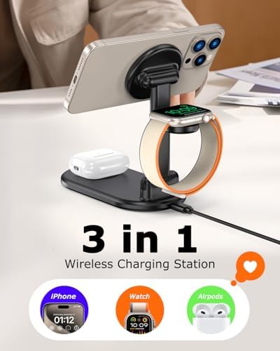 Magnetic 3-in-1 Wireless Charging Station for i Phone 12/13/14/15/16, Fast 15 W Foldable Charger for Apple Watch & Air Pods – Portable Multi-Device Power Hub in Sleek White Finish for Travel Convenience & Enhanced Compatibility