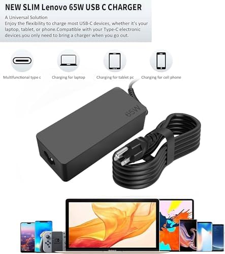 High-Speed 65 W USB-C Replacement Laptop Charger for Lenovo Think Pad, Yoga & Chromebook – Universal Compatibility & Enhanced Performance with 12-Month Warranty, UL Certified Safety, Ideal for T480, T490, E480 Models
