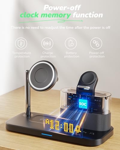 Ultimate 5-in-1 Wireless Charging Station with Alarm Clock and Night Light – Sleek Mag-Safe Dock for i Phone 16/15/14/13/12, Apple Watch & Air Pods – Fast Charging & Space-Saving Design for Nightstand Organization