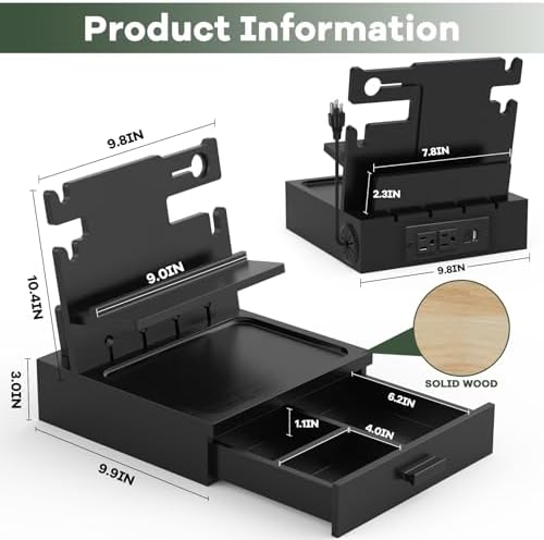 Nightstand Organizer with Charging Station, Wood Docking Station with USB Ports and Outlets, Gifts for Men, Bedside Holder with Drawer for Kindle,Phone,Key, Watch & Accessories (Classic Black) – Enhanced Compatibility and Speed