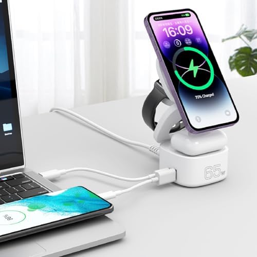 Ultimate 5-in-1 Foldable Wireless Charging Station – PD Fast Travel Charger for i Phone, Apple Watch, Air Pods & Laptops – Streamlined Compatibility & Enhanced Portability for Tech Enthusiasts and Frequent Travelers – Safeguarded Fast Charging Dock for Clutter-Free Convenience