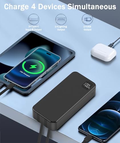 30000 m Ah Portable Power Bank – High-Capacity Fast Charger with Dual Built-In Cables for i Phone 15/14/13, Samsung Galaxy, and i Pad – 22.5 W PD QC4.0 Quick Charge Technology – Sleek Black Design for On-the-Go Charging