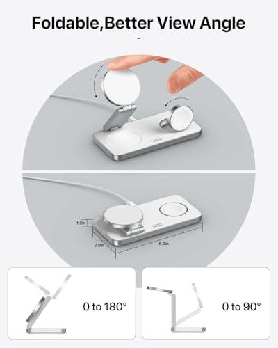 Revolutionary 3-in-1 Magnetic Wireless Charging Station – High-Speed Mag Safe Charger for i Phone 16/15/14/13/12, Apple Watch Ultra/SE/10/9/8/7/6/5/4, and Air Pods Pro/4/3/2 (White/Silver) – Optimal Compatibility and Space-Saving Design for On-the-Go Charging Solutions. Experience lightning-fast 15 W charging with seamless Mag Safe alignment for your Apple devices, ensuring simultaneous charging for your i Phone, Apple Watch, and Air Pods. This advanced charging station features multi-intelligent protection with over-voltage, over-current, and temperature control to maintain battery health and prevent overheating. Its foldable and adjustable design provides convenience and portability, making it the ideal travel accessory. Included are a 20 W USB-C PD charger and a 3 ft USB-C cable for enhanced usability. Upgrade your charging experience with this sleek, efficient solution that embodies both functionality and style. Perfect for tech-savvy users seeking reliability and efficiency in one compact unit.