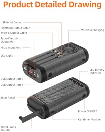 Ultimate 59800 m Ah Solar Power Bank – Waterproof Hand Crank Charger for All Devices, 15 W Wireless Output, 6 Ports & 3 Inputs, Essential for Camping & Outdoor Adventures, Built-in LED Flashlights for Nighttime Use – Stay Connected Anywhere