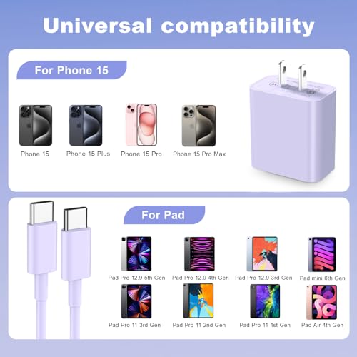 Ultra-Fast USB-C Wall Charger Duo for i Phone 16/15 – Includes Two 10 FT Type C Cables for Maximum Convenience and Versatile Device Compatibility – Ideal for S24 Ultra – Built-In Safety Features and Robust Design for Everyday Use
