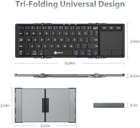 Ultra-Portable i Clever Bluetooth Keyboard with Touchpad – Sleek Foldable Design, Durable Metal Body, USB-C Charging, Multi-Device Compatibility for i Pad, i Phone, Android & Windows – Perfect for Travelers and Professionals in Silver White