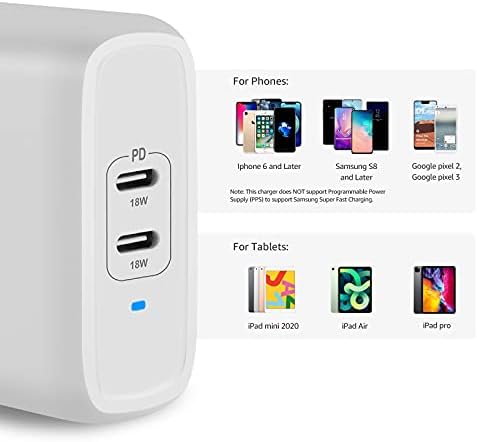 Amazon Basics 36 W Dual-Port USB-C Wall Charger for Phones and Tablets – Fast Charging Power Delivery Adapter, Compact Design for Travel, Enhanced Compatibility & Safety Features in Sleek White Finish