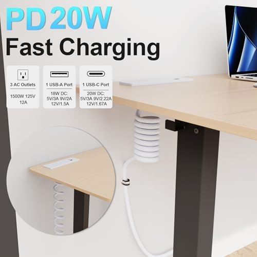 Recessed Drawer Power Strip Kit: Clutter-Free Charging Solution with PD 20 W Fast Charge, Dual USB Ports (Type A & C), and Dual 12 Amp AC Outlets – 7.2 FT Cord for Flexible Setup and Enhanced Workspace Efficiency